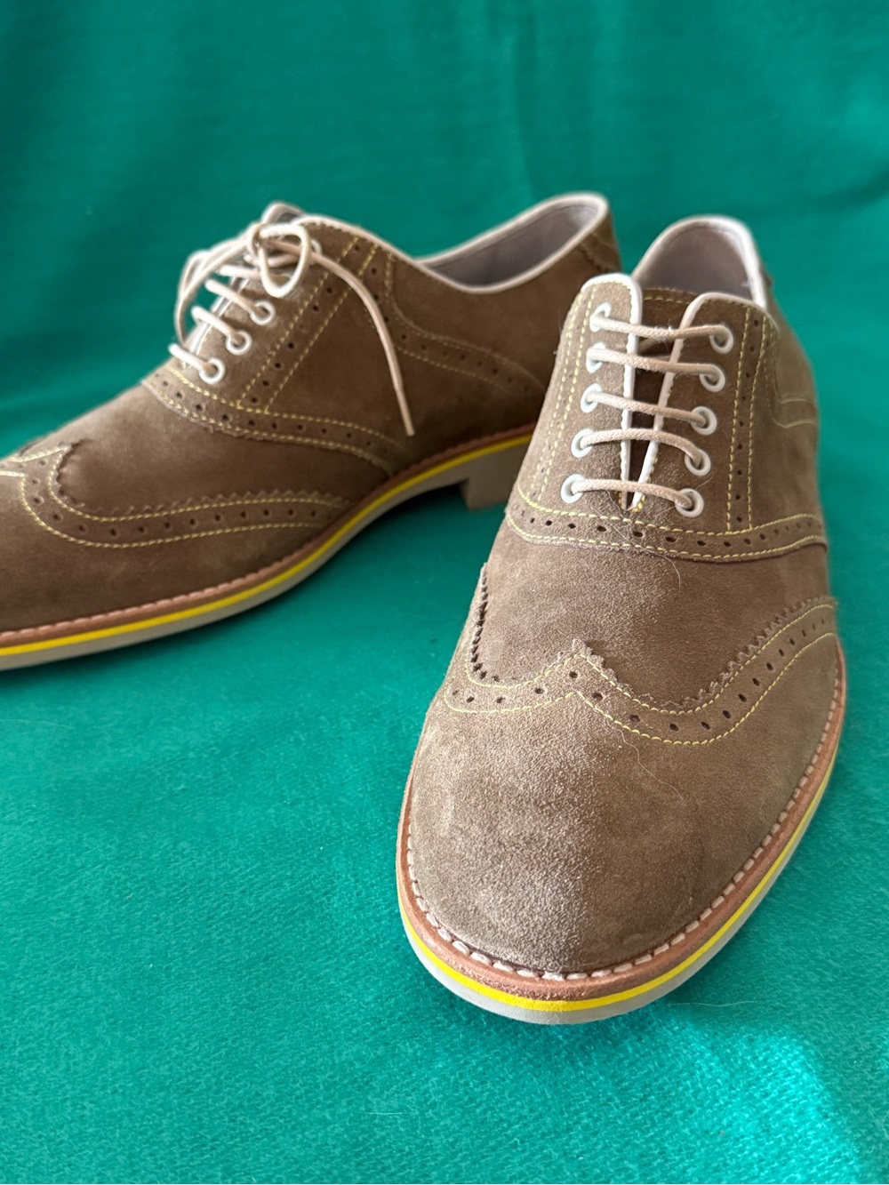 Johnston & Murphy Brown Suede Wingtip Oxfords with Yellow Accent